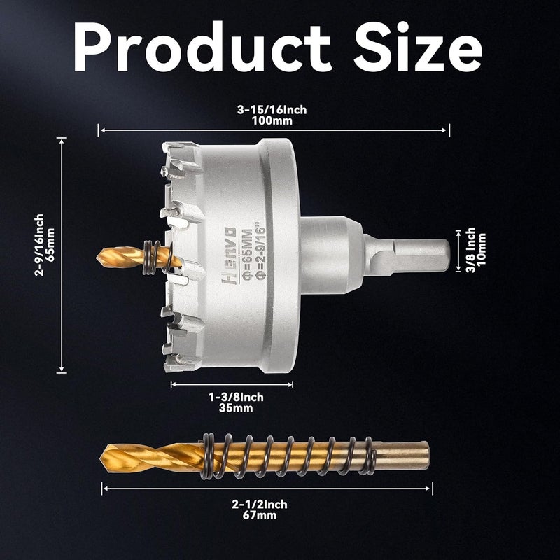 Henvo Hole Saw 2-9/16" (65mm) Heavy Duty Carbide with 2 Pilot Drill Bits - Metal Hole Cutter Cuts Stainless Steel, Iron, Copper, Brass, Plastic - Image 2